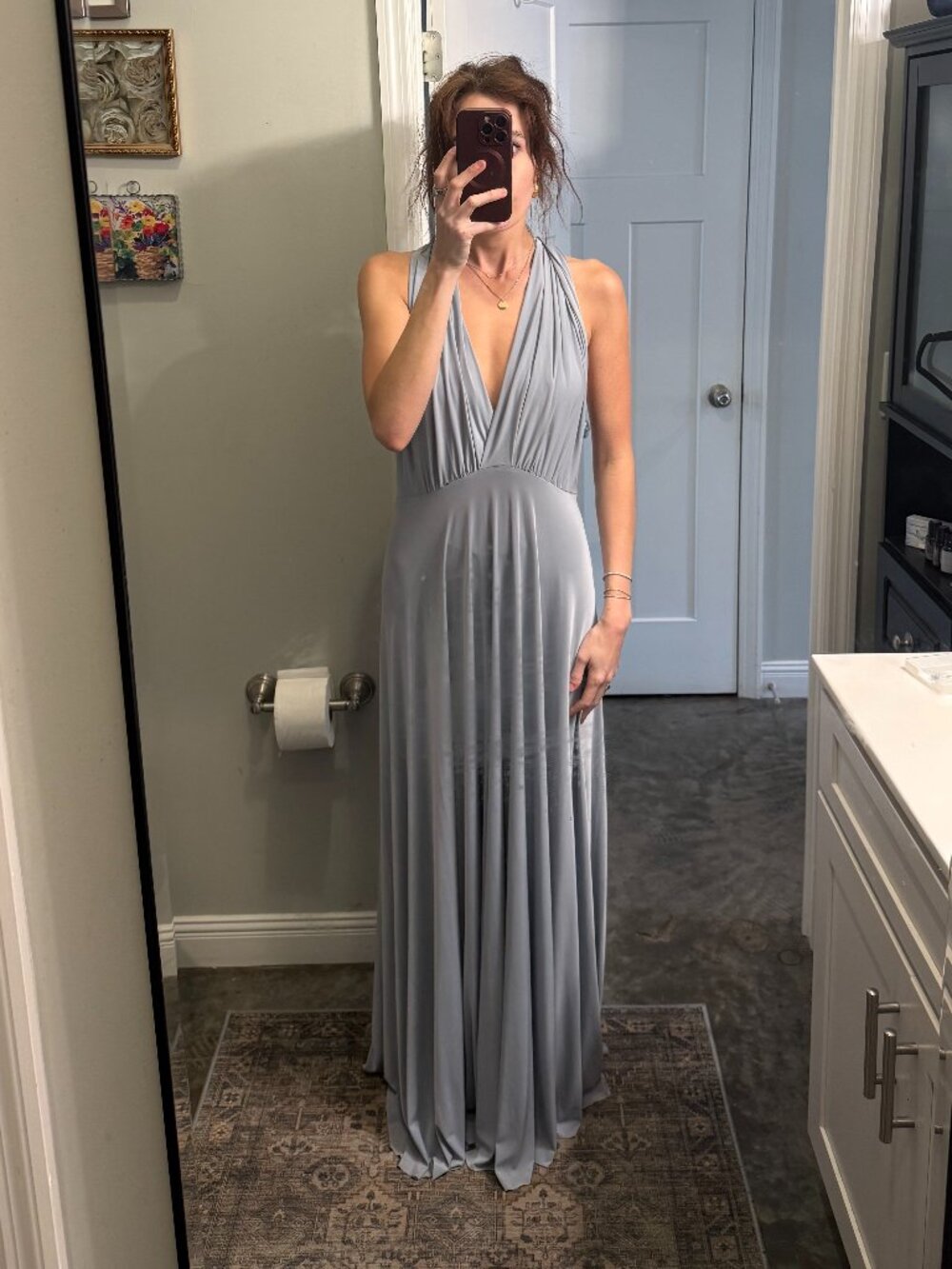 Dessy Collection Vivian Diamond Twist Wrap Maxi Dress // Platinum Gray S